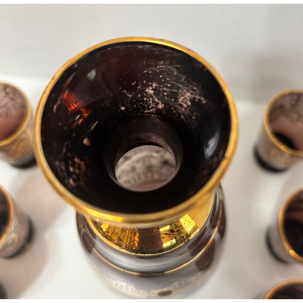 Vintage Decanter Cordial Set with 6 Shot Glasses Amethyst Purple and Gold Gilt - Picture 5 of 10